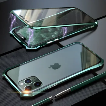Kovový Rám Magnetické puzdro Pre iPhone 11 Pro Max Prípade Dvojité Tvrdené Sklo Anti-knock Kryt pre iPhone 11 Pro Max Shell