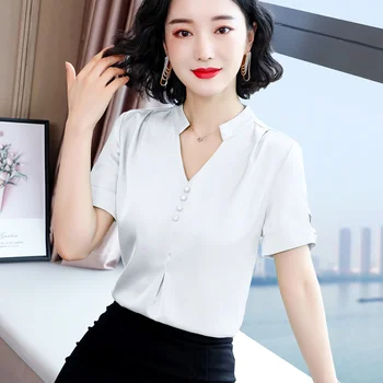Kórejský Šifón Ženy, Blúzky, Košele Žena Satin Pevné Blúzka Elegantné Ženy V-neck Tričko Topy Plus Veľkosť Blusas Mujer De Moda 2020
