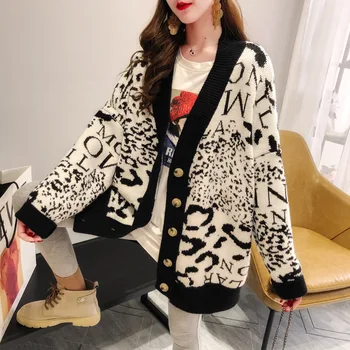 2020 Nové Jeseň Zima Pletené Leopard Svetre Ženy Kórejský Hrubé Panelled Leopard Cardigan Kabát Voľné Prekladané Outwear Topy