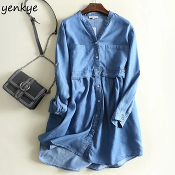 2019 Ženy Vintage Blue Denim Šaty Žien V Krku Dlhý Rukáv Vrecká Plus Veľkosť Oblečenie pre voľný čas v Lete Krátke vestidos