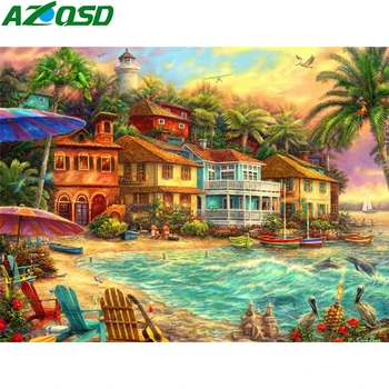 AZQSD Diamond Výšivky Predaj Prímorské Plné Námestie/Kolo Vŕtať Domova Diamond Maľovanie Scenérie Dom Cross Stitch