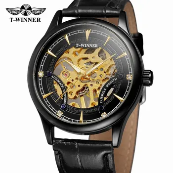 V roku 2018 sa Nové teplovodné Predaj Kostra Módne Muži Mechanické Hodinky Víťaz Luxusné Značkové Business Kožený Remienok Náramkové hodinky CLASSIC GOLD