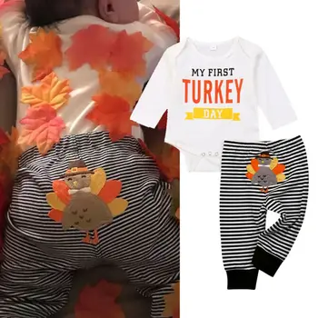 Môj Prvý Turecko Deň Novorodenca Chlapec Dievča Oblečenie s Dlhým Rukávom Bavlna Kombinézu Topy Pruhované Nohavice Nohavice 2KS Detské Oblečenie Set