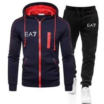 Ea7 nové športové značky, pánske oblek na zips s kapucňou, ležérne športové oblečenie na jeseň a v zime teplý plus Kabát pánske oblečenie