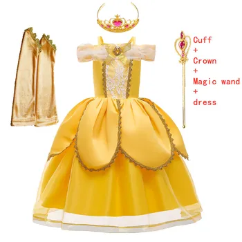 Dievčatá Belle Zdobiť Fantasy Shoulderless Kostým Princezná pre Deti Halloween Cosplay Party, plesové Šaty