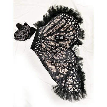 Vianočný kostým drag queen festival black butterfly wings príslušenstvo drahokamu tanečné oblečenie žien s chvost fáze cosplay