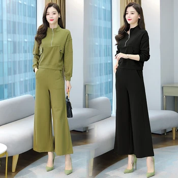 Kórejský Módne Široký-Legged Nohavice Top Oblek Nové 2020 Jeseň Oblečenie Dve-Kus Oblečenie Set Sa Žena Móde Voľnočasové Nohavice