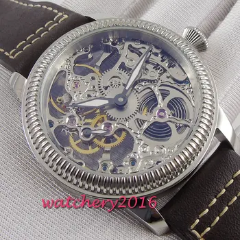 Luxusné 44 mm PARNIS Duté pánske hodinky svietiace ručičky 17 šperky mechanické 6497 kostra ručné navíjanie pohyb pánske hodinky