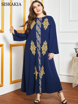 Siskakia Vintage Etnických Výšivky Abaya Šaty pre Ženy Jeseň 2020 Plus Veľkosť Navy Blue s Dlhým Rukávom Turecko arabské Moslimské Oblečenie