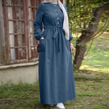 Kaftan Moslimských Pevné Tlačidlo Maxi Šaty, dámske Demin Modrá Sundress ZANZEA 2021 Bežné Tričko s Dlhým Rukávom Vestidos Ženské Šaty 5XL