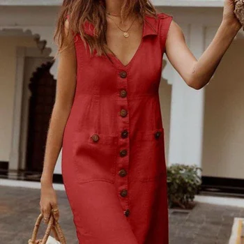 Dámske bez Rukávov Singel svojim Voľné Šaty V-Neck Fashion Pevné OL Šaty Žena 2020 Jar Elegantné Bežné Lady Oblečenie