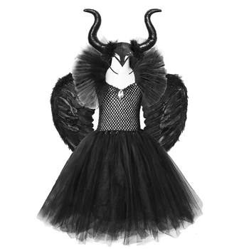 Black Maleficent Kostým Čarodejnice Dieťa Dievčatá Tutu Šaty Členok Dĺžka Halloween Diabol Cosplay Oblečenie pre Dieťa Party Foto Prop Darček