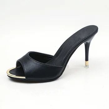 Tenké Päty papuče dámske topánky sexy čierne hrubé dno otvorené prst vysokej krásne listov Kovové Dekorácie 2021 letné móda topánky