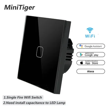 Minitiger WIFI Smart Čierne Krištáľové Sklo Panel Dotykový Spínač Wifi Bezdrôtové Diaľkové Svetlo vypínač Pracovať S Alexa / Domovská stránka Google