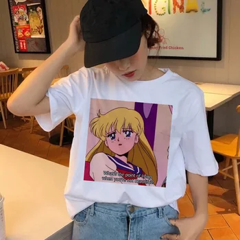 Sailor Moon T Shirt kawaii Tees Móda grunge estetické Ženy Zábava T-Shirt Harajuku Roztomilé Mačka Žena Cartoon Top Tričko Ulzzang