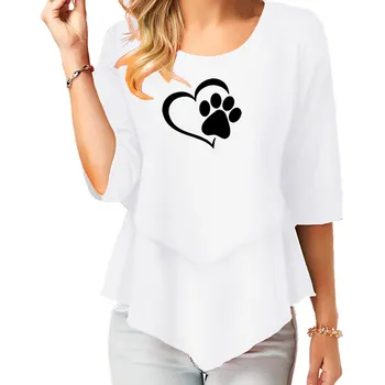 2021 Móda, Psie Packa Tlačiť T-Shirt Ženy O-krku Bavlna Topy Polovičný Rukáv Nové Nepravidelný Roztomilý Tlač Femal Košele pre Ženy