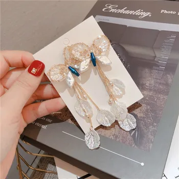 Kórejský Módne Shell Perlou Strapec Náušnice pre Ženy Motýľ Crystal Dlho Stup Náušnice Luxulry Módne Šperky
