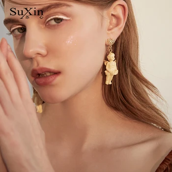 SuXin náušnice 2020 nové jednoduché retro anjel dieťa socha náušnice pre ženy dlho akryl prívesok náušnice šperky darček