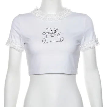 Roztomilý Kreslený Medveď Vytlačené Tričko Biele Plodín Top Ženy T-shirts Letné Módy Bavlna Tee Tričko Basic Bežné Topy Tee Streetwear