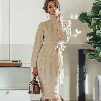Jeden Kus Kórea Šaty 2020 Zimné Turtleneck Šaty Hrubé Pletené Svetre Šaty Teplé Ženy Bavlna Bodycon Ceruzka Strečové Šaty