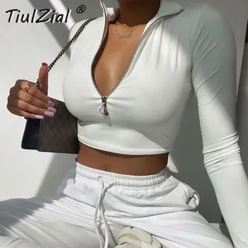 TiulZial Zips, Dlhý Rukáv Plodín Top Ženy Streetwear Biele Tričko Lady Žena Bežné Krátky Top Oblečenie Lady