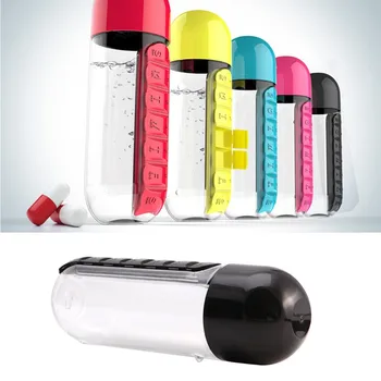 2-v-1 Multifunkčné Športové Plastová Fľaša Vody Denne Tabletku Úložný Box Organizátor Prenosné Vonkajšie nepriepustných Pitie Fľaše