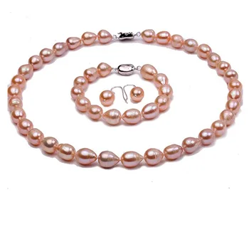 JYX Šperky Set Prírodné Oválne 9-10 mm Ružová Sladkovodné Perly Náramok, Náhrdelník a Náušnice Nastaviť