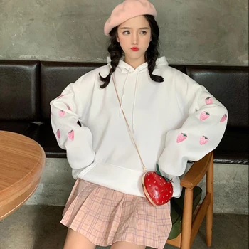 2020 Jeseň Dámske Oblečenie Mikiny Cute Teen Harajuku Jahoda Pastel XXL Nadrozmerné Voľné Voľný čas mikina s Kapucňou pre Dievčatá