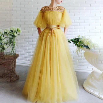 Spp Betterfly Rukávy s Golden Sequin Lištovanie A-line Žltá Prom Šaty vestidos de fiesta largos elegantes de gala