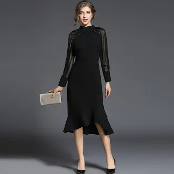 Willstage Oka Čierne Ženy Šifón Šaty Vintage 2019 Jar Jeseň Nové Módne Dlhé Rukávy Žena Elegantné Polovici Teľa Šaty
