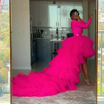 Elegantné Hot Pink Volánikmi Tylu Ženy Sukne Vysoká Nízka Prehodil Svadobné Tylu Oka Dlhé Sukne Svadbu, Ples Strany Tylu Sukne