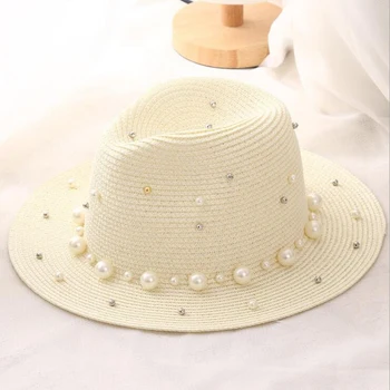 2019 Lete dievčatá British pearl lištovanie ploché brimmed slamený klobúk Zatienenie slnka klobúk Lady pláž hat