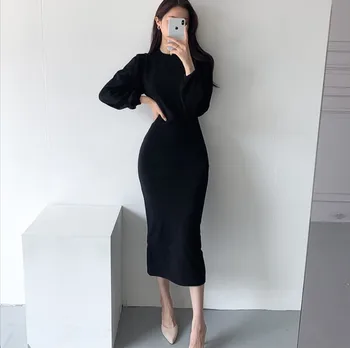 JXMYY 2020 nový elegantný minimalistický módne temperament kolo krku pás slim chudnutie dlhé rukávy späť split hip šaty žena