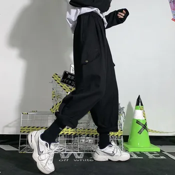 Harajuku Streetwear Rovno Cargo Nohavice Ženy Vrecká Elastická Vysoký Pás Nohavice Tlačidlo Bežné Neforemné Joggers Ženy Tepláky Nové