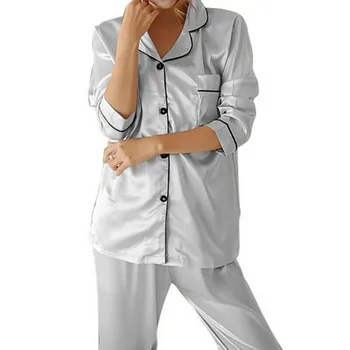 2 Kus na Jeseň Ženy Sleepwear Faux Hodváb Saténové Pyžamo Nastaviť Dlhý Rukáv Sleepwear Pyžamo Vyhovovali Ženské oblečenie pre voľný čas pre Ženy