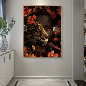 Africké Umenie Čierna Žena Tiger Rose Vták olejomaľba na Plátne Cuadros Plagáty a Vytlačí Wall Art Obraz Pre Dievča Spálňa