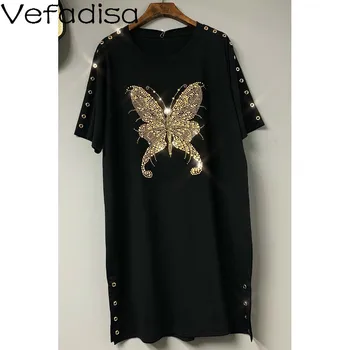 Vefadisa Black Butterfly Tlač Drahokamu Šaty Žien 2021 Lete Ženy Tričko Šaty Plus Veľkosť Krátky Rukáv Šaty ZQY365A