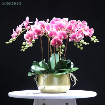 INDIGO - Biela Orchidea (7pcs Orchidea+5 ks Listov+Pot) DIY Kvet Dohoda Skutočný Dotyk Kvetu Office Dekorácie Prípade Vrchol