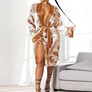 Sexy Peniaze Vytlačené Saténové Šaty pre Ženy Sleepwear Nočná Košeľa Domáce Oblečenie Župan Pyžamo Salónik Nosenie Kimono