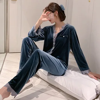 YRRFUOT Velvet Pyžamo dámske Vyhovovali Dlhým rukávom Cardigan Čipky 2020 kórejská Verzia Fashion Bežné dámske jednofarebné Sleepwear