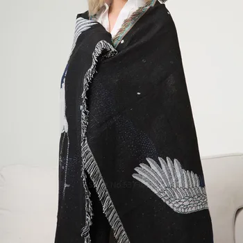 Black Žeriav Tlač Koberec Japonský Štýl Bežné Retro Dekoratívne Deka Zime Teplé Vintage Kimono Módne Kvalitný Koberec