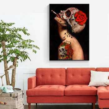 Moderné Plagát Abstraktné Sexy Fajčenie Nahé Lebky Dievča s Kvetom Tetovanie Plátno, Maľovanie obrazov na Stenu pre Bar,Office Home Decor