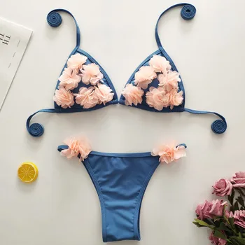 2018 Pevné Čierne Plavky Ženy s Nízkym Pásom Bikini Set s Kvetinová Výzdoba Pláži Plavky, plavky S-XL