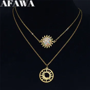 AFAWA 2021 Slnko Nehrdzavejúcej Ocele Vrstvený Náhrdelníky pre Ženy Multicolor Medi Zirkón Šperky, Náhrdelníky colares feminino N71S01