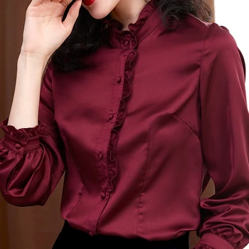 Kvalitné saténové, hodvábne košele ženy elegantný dlhý rukáv prehrabať strany, košele, blúzky, topy office dámy práce tričko