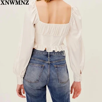 XNWMNZ 2021 nové Žien Romantický Blúzka Ženské oblečenie, dlhé Rukávy Korzet Detail Prehrabať Peplum na Pás tlačidlá elegantný Top ženy