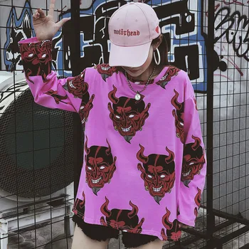 Harajuku cartoon diabol tlač tričko príležitostné voľné dlhý rukáv t-shirts ženskej módy ulzzang BF hip hop streetwear ružová topy