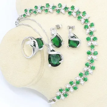 Zelená Semi-drahé Strieborné Farebné Šperky Set pre Ženy, Svadobné Náramok Stud Náušnice, Náhrdelník Prívesok, Prsteň Darčekovej krabičke