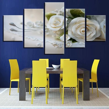 Plátno HD Výtlačkov Obrázkov Modulárny Wall Art Plagáty Rámec 5 Ks Biele Ruže, Kvety Obrazy Pre Obývacia Izba Domova