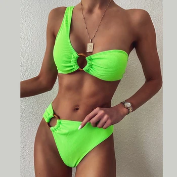 Jeden ramenný neon zelená bikini 2020 nový Prsteň sexy ženy, plavky, plážové oblečenie Push up vysoký strih plaviek ženské plavky kúpajúcich